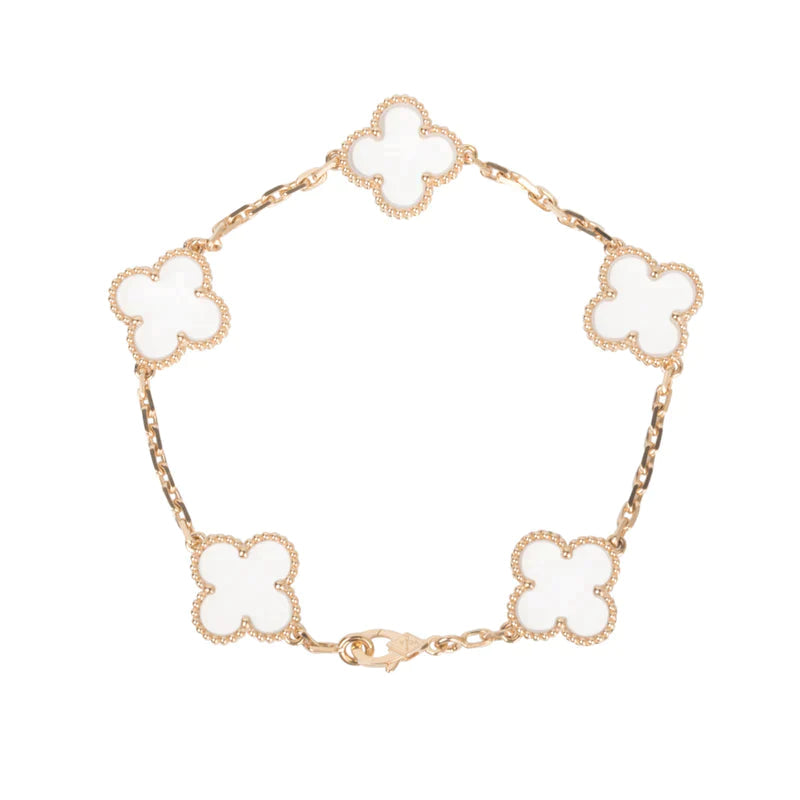 [Love More]CLOVER 5 MOTIF ROCK CRYSTAL PINK GOLD BRACELET