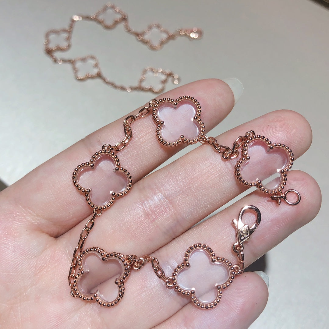 [Love More]CLOVER 5 MOTIF ROCK CRYSTAL PINK GOLD BRACELET