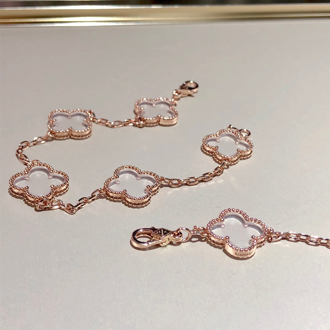 [Love More]CLOVER 5 MOTIF ROCK CRYSTAL PINK GOLD BRACELET