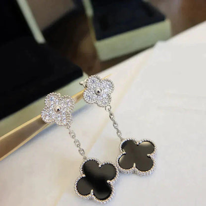 [Love More]CLOVER 2 MOTIFS  DIAMOND ONYX EARRINGS SILVER