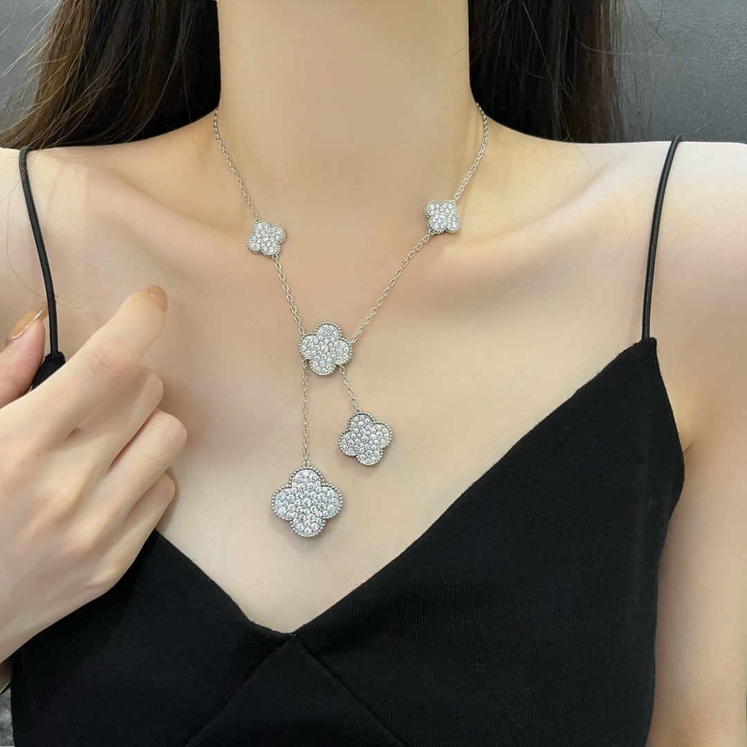 [Love More]CLOVER 5 MOTIFS SILVER DIAMONDS NECKLACE