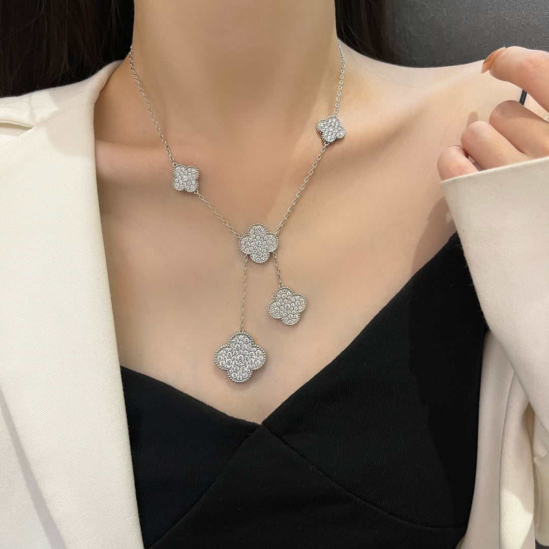 [Love More]CLOVER 5 MOTIFS SILVER DIAMONDS NECKLACE