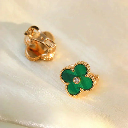 [Love More]CLOVER MEDIUM 1 MOTIFS MALACHITE DIAMOND EARRINGS