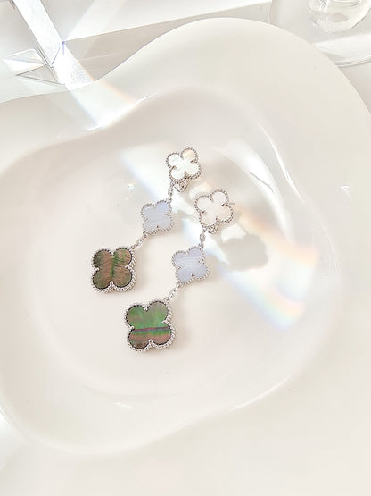 [Love More]CLOVER 3 MOTIFS CHALCEDONY DARK MOP SILVER EARRINGS