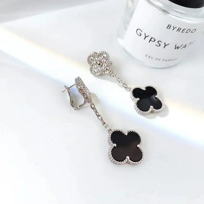 [Love More]CLOVER 2 MOTIFS  DIAMOND ONYX EARRINGS SILVER