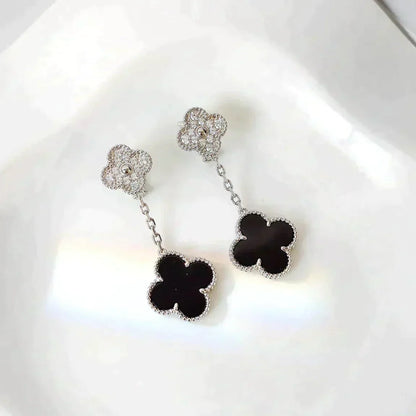 [Love More]CLOVER 2 MOTIFS  DIAMOND ONYX EARRINGS SILVER