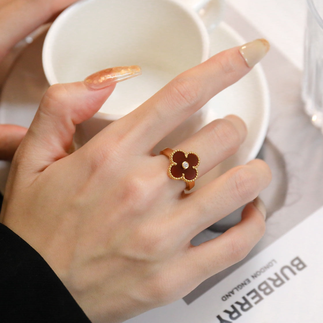 [Love More]CLOVER CARNELIAN RING ROSE GOLD DIAMOND