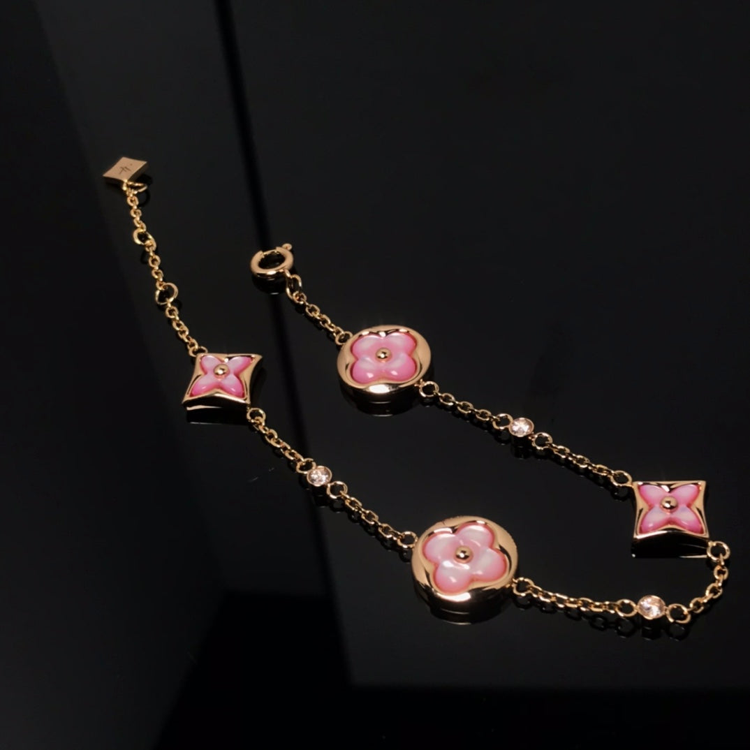 [Love More]STAR AND SUN 4 MOTIF PINK MOP PINK GOLD BRACELET