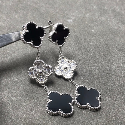 [Love More]CLOVER 3 MOTIF DIAMOND ONYX SILVER EARRINGS