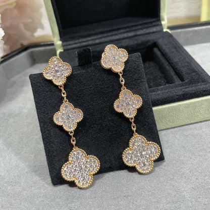 [Love More]CLOVER 3 MOTIFS DIAMOND PAVED ROSE GOLD EARRINGS