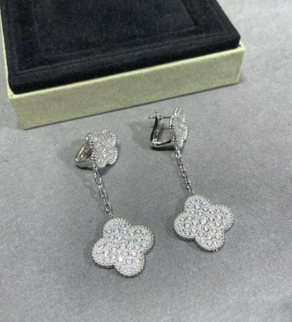 [Love More]CLOVER 2 MOTIFS DIAMOND PAVED SILVER EARRINGS