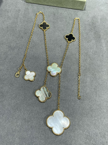 [Love More]CLOVER 6 MOTIF MOP ONYX GOLD NECKLACE