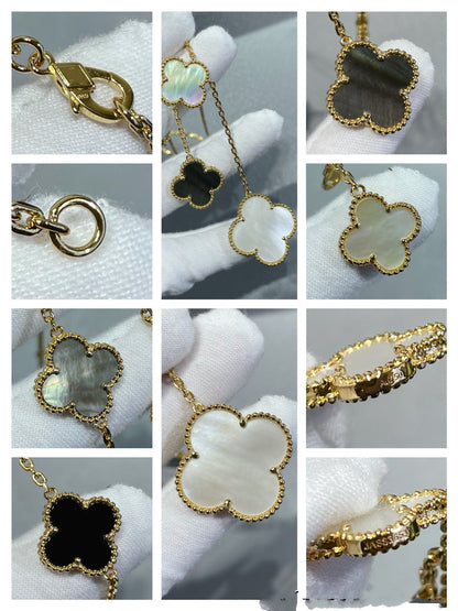 [Love More]CLOVER 6 MOTIF MOP ONYX GOLD NECKLACE