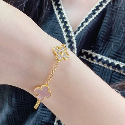 [Love More]CLOVER 5 MOTIF DIAMOND PINK MOP PINK GOLD BRACELET