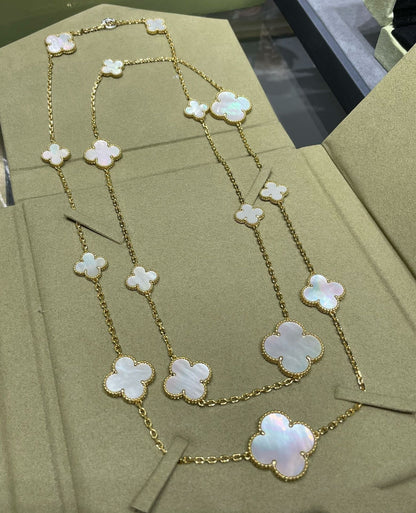 [Love More]CLOVER 16 MOTIF WHITE MOP GOLD NECKLACE