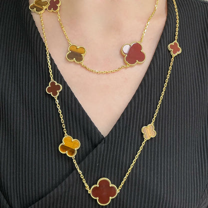 [Love More]CLOVER 16 MOTIF CARNELIAN TIGER EYE ROSE GOLD NECKLACE