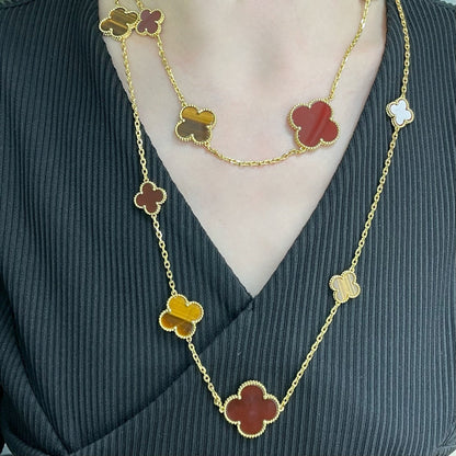 [Love More]CLOVER 16 MOTIF CARNELIAN TIGER EYE ROSE GOLD NECKLACE