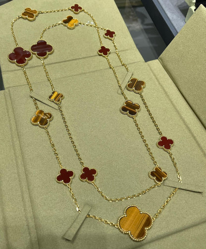 [Love More]CLOVER 16 MOTIF CARNELIAN TIGER EYE ROSE GOLD NECKLACE