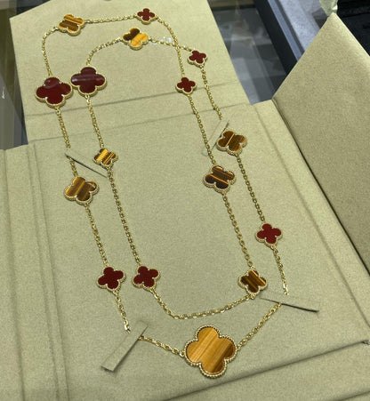 [Love More]CLOVER 16 MOTIF CARNELIAN TIGER EYE ROSE GOLD NECKLACE