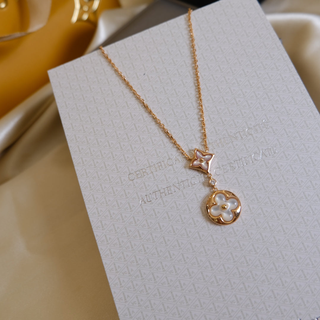 [Love More]STAR AND SUN WHITE MOP 2 MOTIF PINK GOLD NECKLACE