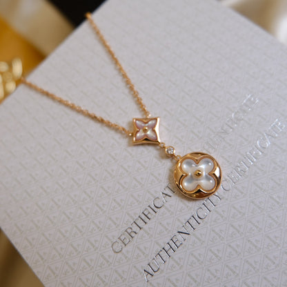 [Love More]STAR AND SUN WHITE MOP 2 MOTIF PINK GOLD NECKLACE