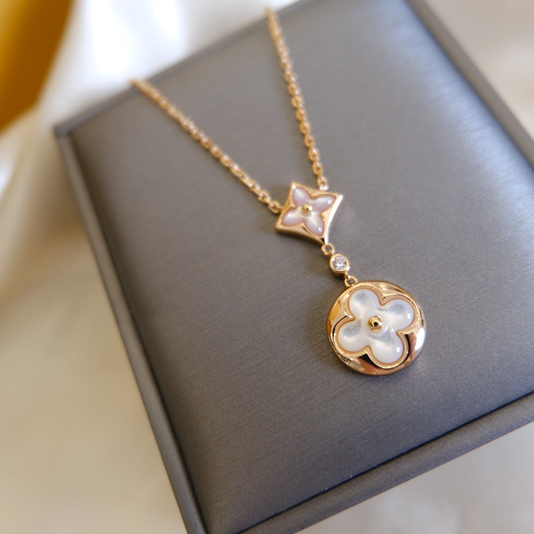 [Love More]STAR AND SUN WHITE MOP 2 MOTIF PINK GOLD NECKLACE