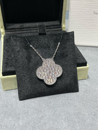 [Love More]CLOVER 25MM LARGE PENDANT DIAMOND PAVED SILVER NECKLACE