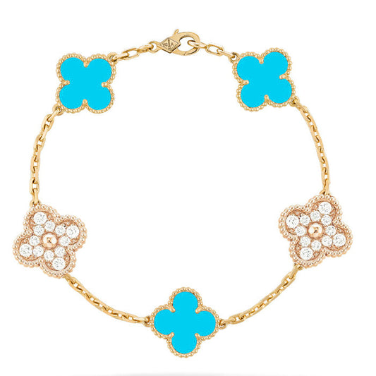 [Love More]CLOVER 5 MOTIF TURQUOISE DIAMOND GOLD BRACELET