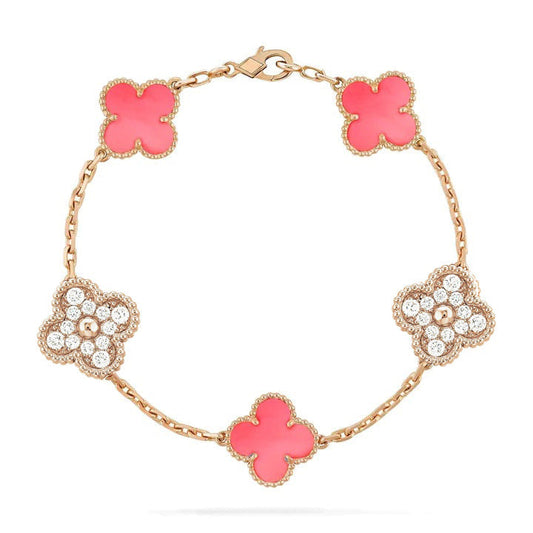 [Love More]CLOVER 5 MOTIF DIAMOND PINK MOP PINK GOLD BRACELET