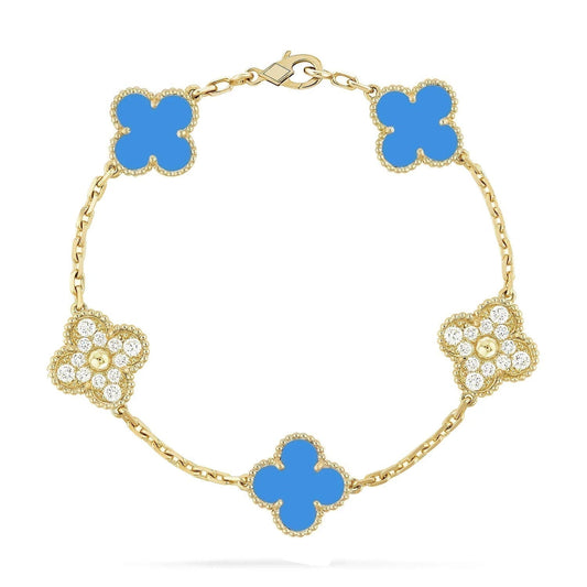 [Love More]CLOVER 5 MOTIF BLUE CHALCEDONY DIAMOND GOLD BRACELET