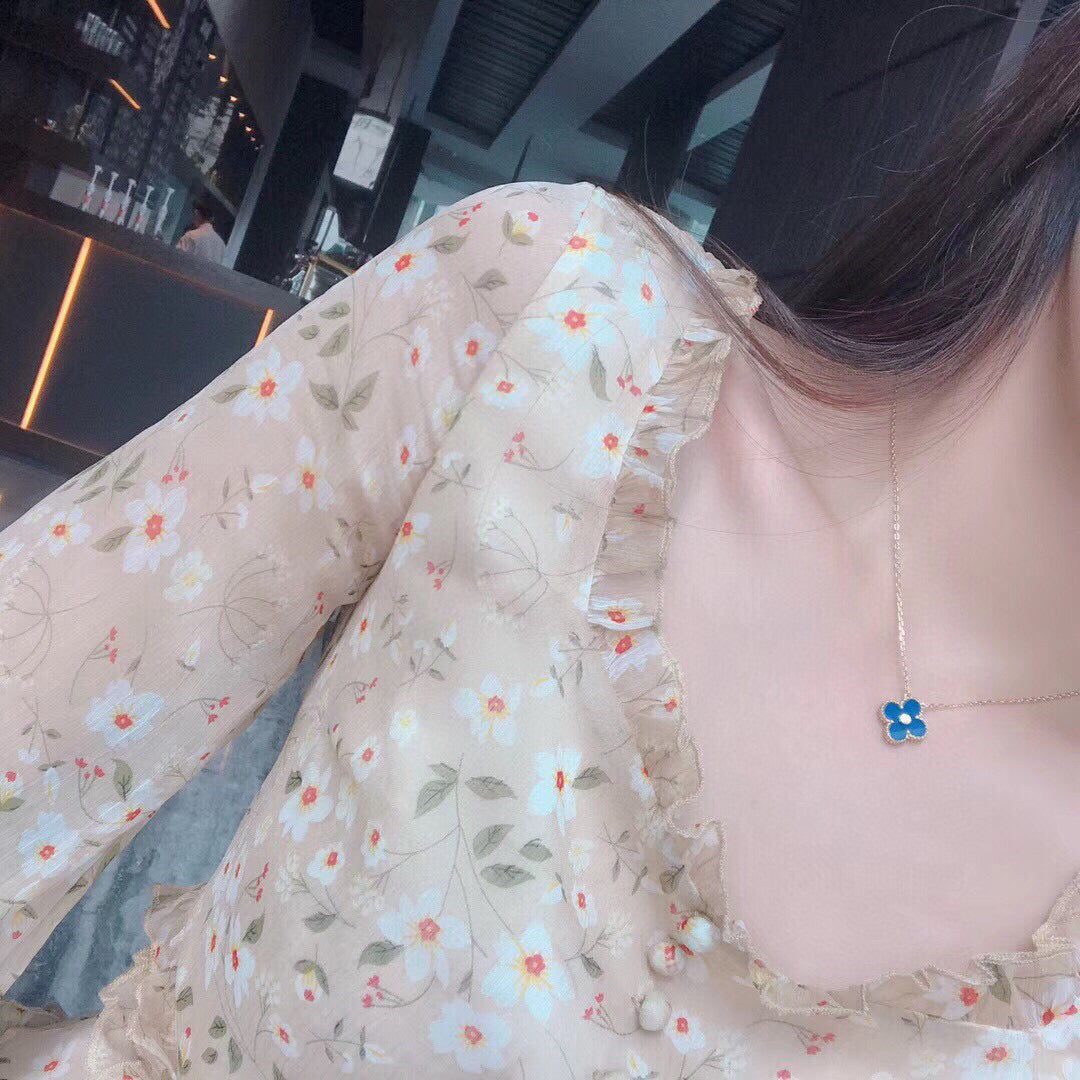 [Love More]CLOVER 15MM DIAMOND AND BLUE AGATE NECKLACE