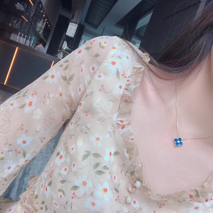 [Love More]CLOVER 15MM DIAMOND AND BLUE AGATE NECKLACE