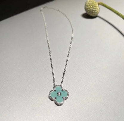 [Love More]CLOVER 1 DIAMOND LIGHT BLUE SILVER NECKLACE