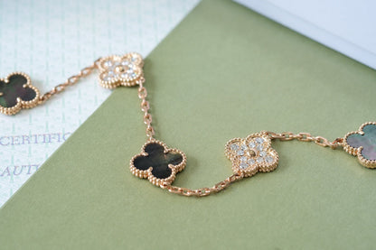 [Love More]CLOVER 5 MOTIFS DARK MOP AND DIAMONDS PINK GOLD BRACELET